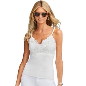 Boston Proper White Lace Trim Camisole Tank Top Large Coquette Angelic Minimal